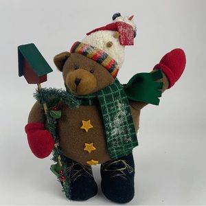 Good Health Industries 15" Stuffed Christmas Bear w/ Bird House Scarf Gloves Hat